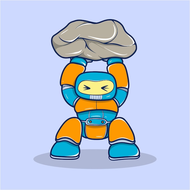 Una caricatura colorida de un robot sonriente levantando una roca pesada