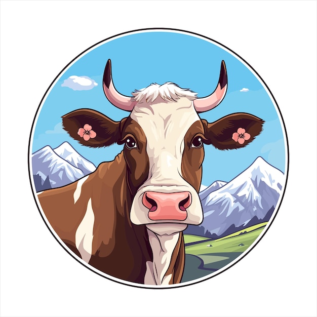 Vector caricatura colorida de vaca kawaii personaje montañas de nieve animales adhesivo para mascotas ilustración aislada