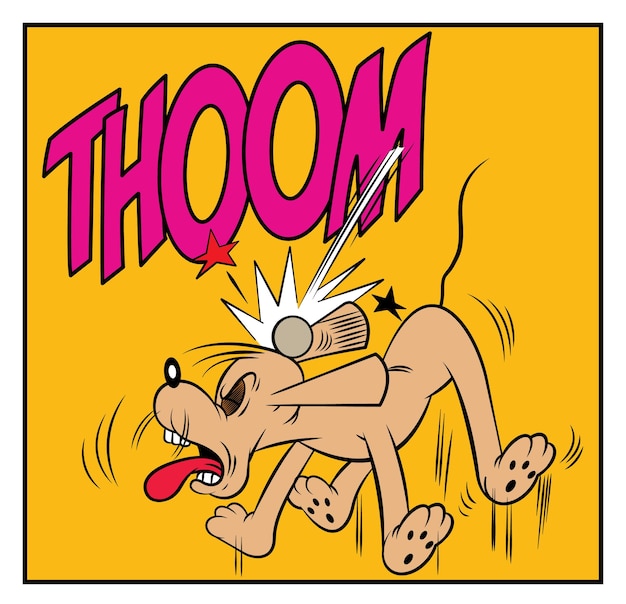 Vector una caricatura de cómic de un perro golpeado con un sonido de onomatopeya de pelota