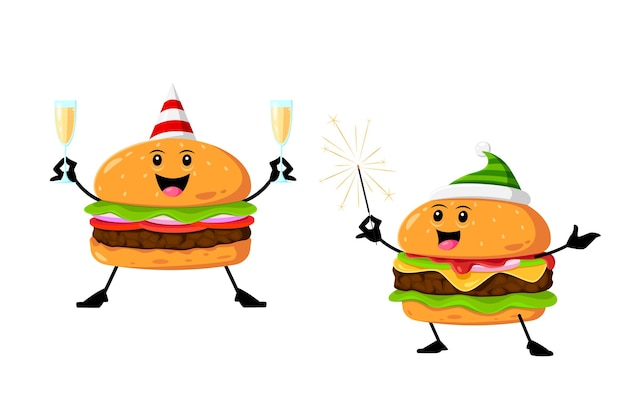 Vector caricatura, comida rápida, hamburguesa con queso y hamburguesa, personajes navideños, vacaciones navideñas, celebración de año nuevo o feliz navidad, festivo, vectores aislados, comidas rápidas, personajes con bengala y champán.