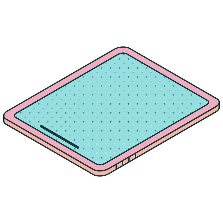 Vector una caricatura de una computadora tablet con una pantalla azul y un borde rosa