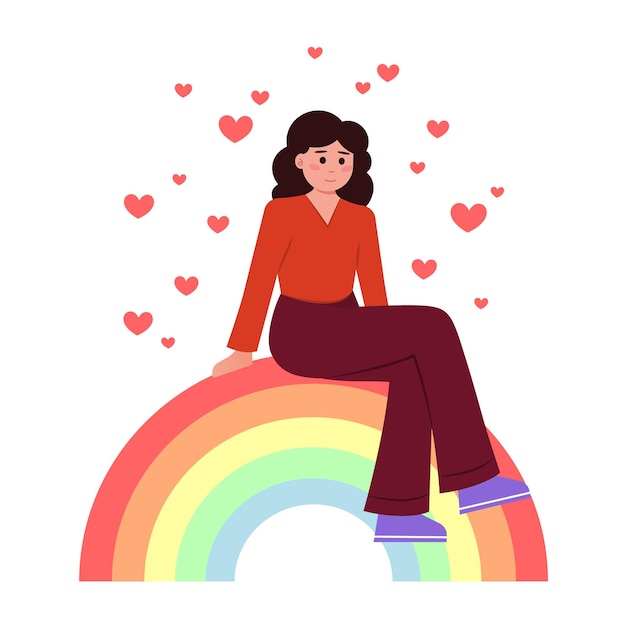 Caricatura comunidad lgbt chica sentada en arco iris joven lesbiana orgullo desfile contra la violencia y la discriminación homosexualidad y tolerancia vector plano ilustración