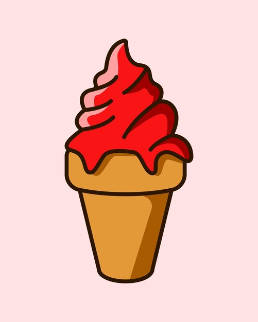 Caricatura de conos de waffle de helado Helado derretido con sabor a cereza roja Ilustración vectorial