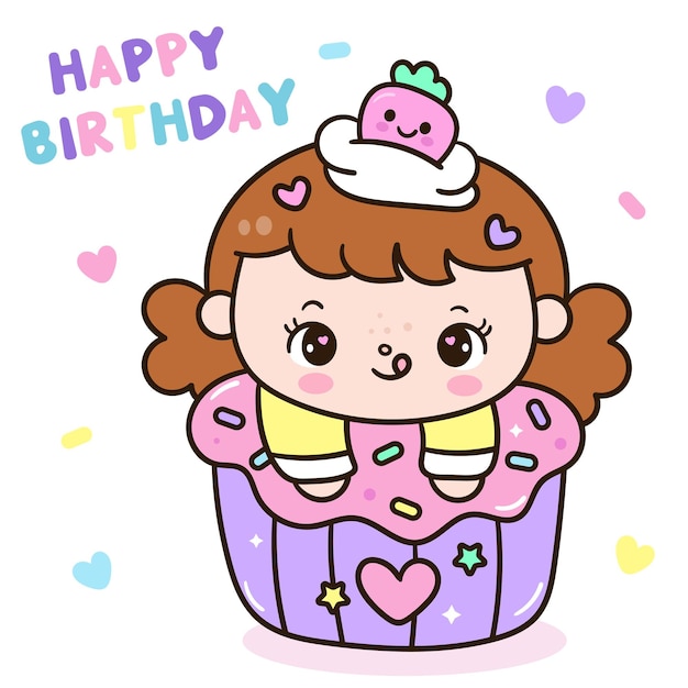Caricatura de cumpleaños de una chica linda Kawaii ilustración color pastel
