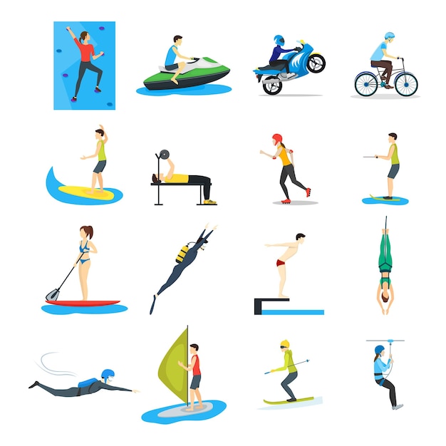 caricatura, deportes extremos, gente, conjunto, vector