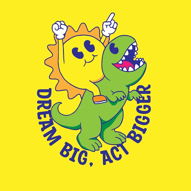 caricatura dibujada a mano de un divertido personaje solar montando un dinosaurio