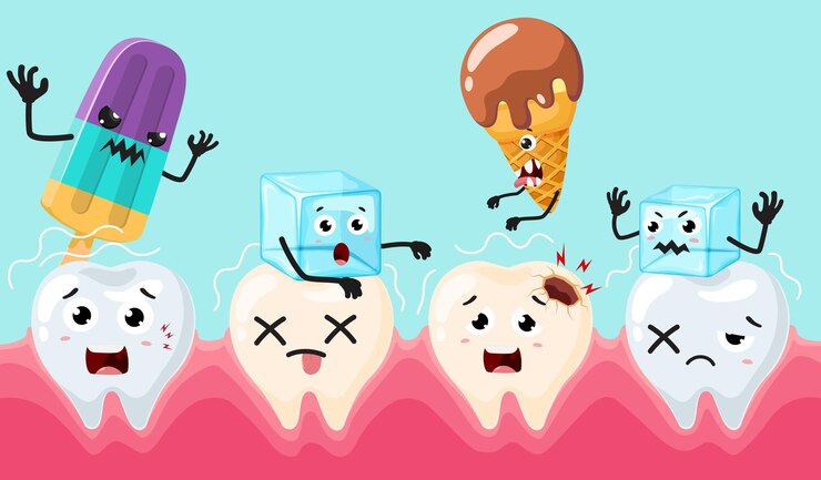 Vector caricatura de un diente sensible con hielo y helado aislados sobre un fondo blanco