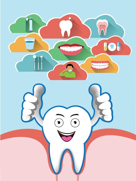 Vector caricatura, diente sonriente, con, dental, nube, conjunto