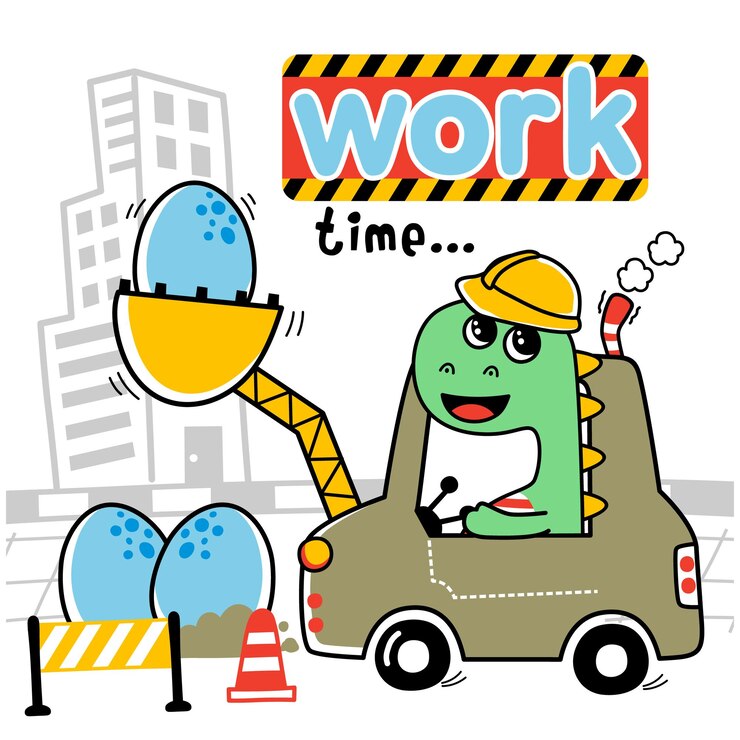 Vector una caricatura de un dinosaurio en una zona de construcción con las palabras tiempo de trabajo.