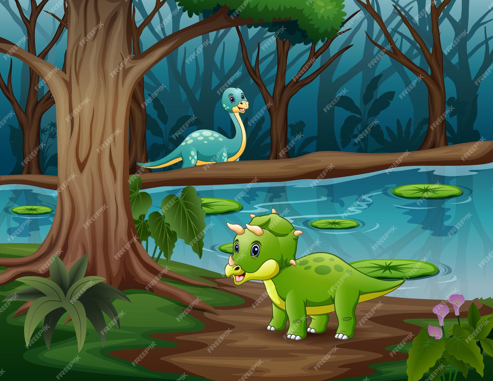 Caricatura de dinosaurios jugando en el lago. | Vector Premium
