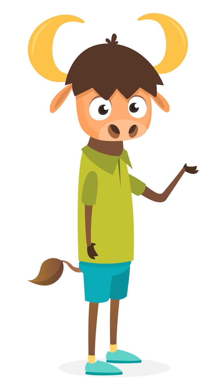 Vector caricatura divertida y feliz bul o búfalo con ropa moderna de estilo elegante ilustración vectorial aislada