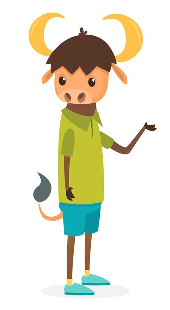 Caricatura divertida y feliz bul o búfalo con ropa moderna de estilo elegante Ilustración vectorial aislada
