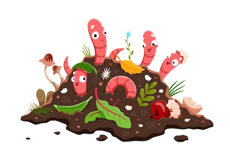 Vector caricatura divertida lombrices de tierra en humus de suelo de compost vermicomposting lombrices de tierra vectoriales aisladas que ayudan a descomponer la materia orgánica criaturas plagas de invertebrados sobresalen de la pila con restos de desechos