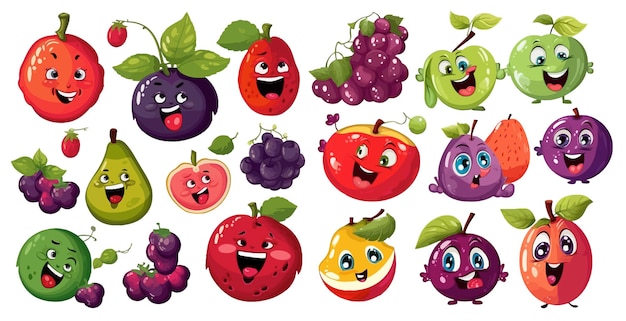 Caricatura divertida con una sonrisa de frutas y verduras comida colección de iconos vectoriales manzana sandía uva plátano str