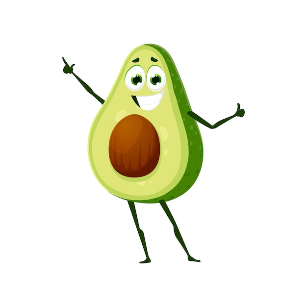 Caricatura divertido personaje de aguacate con emoji de sonrisa o icono vectorial de emoticono kawaii dulce aguacate bailando con el pulgar hacia arriba y cara sonriente alegre personaje de aguacate para niños alegre personaje de comida