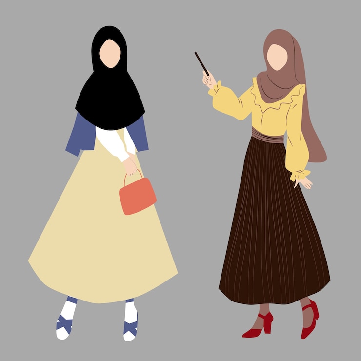 Una caricatura de dos mujeres con una falda negra y una camisa blanca.