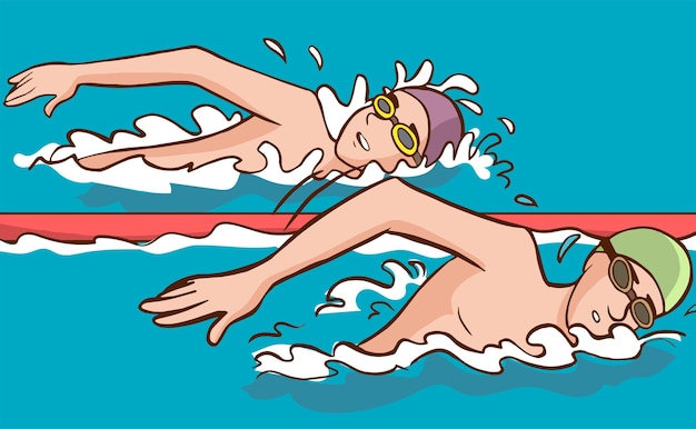 Una caricatura de dos nadadores en el agua.