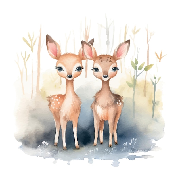 Vector caricatura de dos pequeños ciervos en estilo acuarela