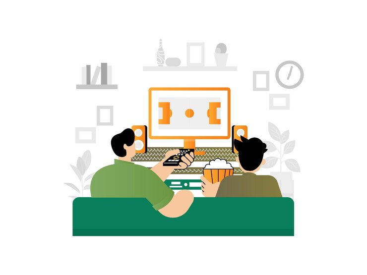 Una caricatura de dos personas viendo una película en la pantalla de una computadora.