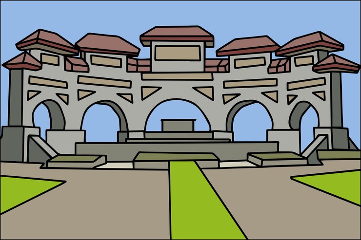Vector una caricatura de un edificio con un césped verde