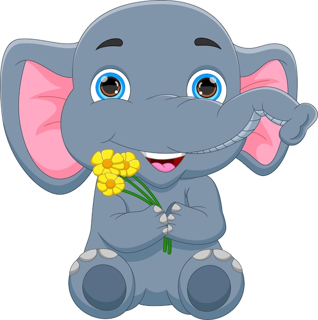 Vector caricatura, elefante, tenencia, flores, aislado, blanco, plano de fondo