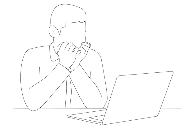 Caricatura de un empleado nervioso asustado sentado en el lugar de trabajo de la oficina que parece preocupado y ansioso por la computadora portátil