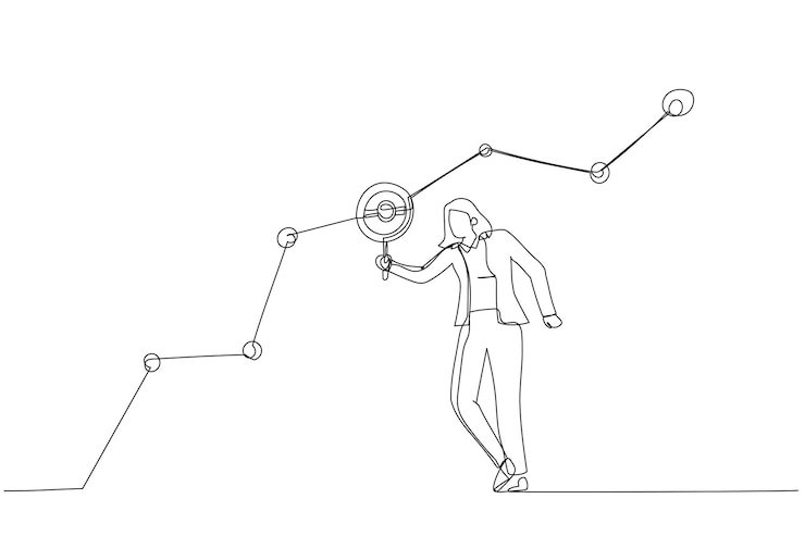 Vector caricatura de una empresaria comercializadora que sostiene una lupa analiza el gráfico y el gráfico de datos del cliente metáfora para la investigación de la audiencia objetivo de marketing estilo de arte de una línea