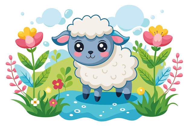 Caricatura de una encantadora oveja con flores que adornan su lana