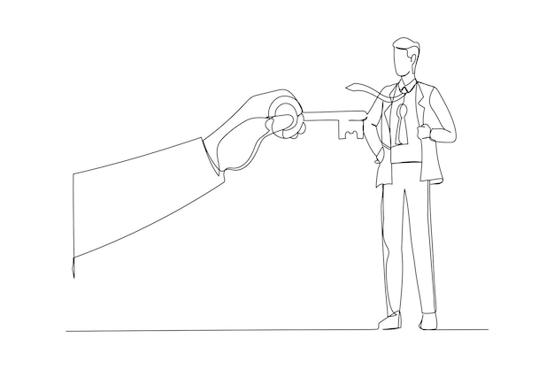Caricatura del entrenador que sostiene la clave del éxito para desbloquear el ojo de la cerradura del empleado Metáfora para la capacitación y tutoría del entrenador Estilo de arte de línea continua
