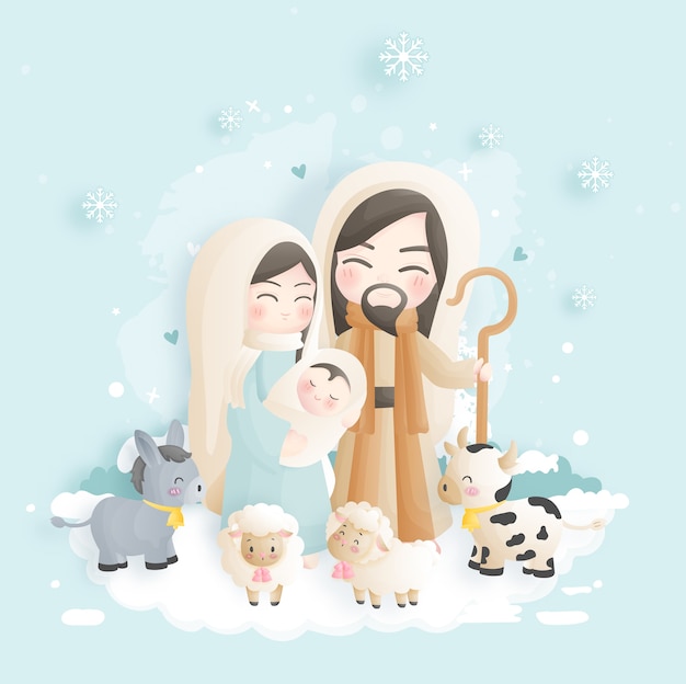 Una caricatura de la escena de la natividad de Navidad, con el niño Jesús, María y José en el pesebre con burro y otros animales. Ilustración religiosa cristiana.