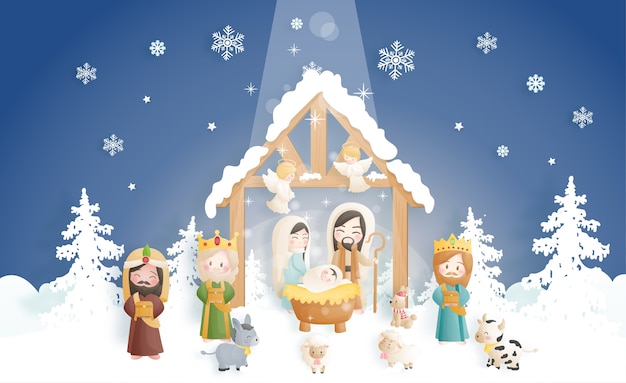 Vector una caricatura de la escena de la natividad de navidad, con el niño jesús en el pesebre con ángeles, burros y otros animales. religioso cristiano
