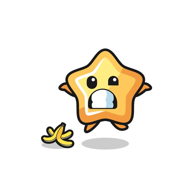 La caricatura de estrella se desliza en una cáscara de plátano, diseño lindo