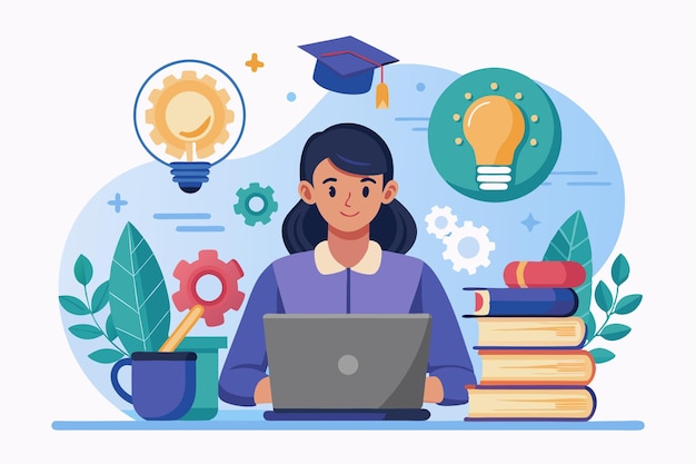una caricatura de un estudiante con una computadora portátil y una pila de libros