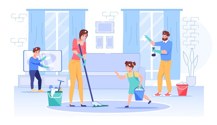 caricatura, familia feliz, personajes, limpieza, casa.