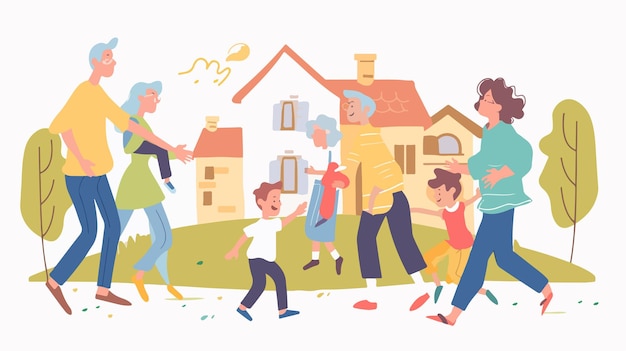 una caricatura de una familia jugando frente a una casa con un niño pequeño en primer plano