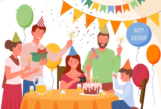 Caricatura feliz familia y amigos saludando a personajes alegres que dan regalos presentes celebran el día del aniversario con banderas de pastel y fondo de globos Celebración de la fiesta de cumpleaños