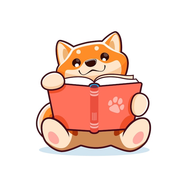 Caricatura feliz personaje de perro shiba inu leyendo el libro con huella en la portada Personaje de mascota kawaii lindo vector aislado sentado en el piso pasando páginas divirtiéndose tiempo libre o estudiando lección