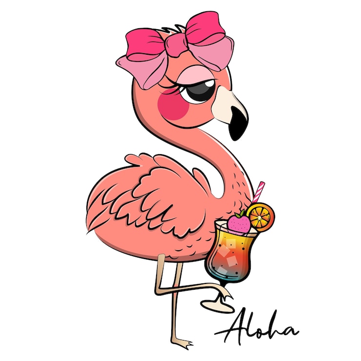 Vector una caricatura de un flamenco con un lazo rosa sosteniendo un cóctel.