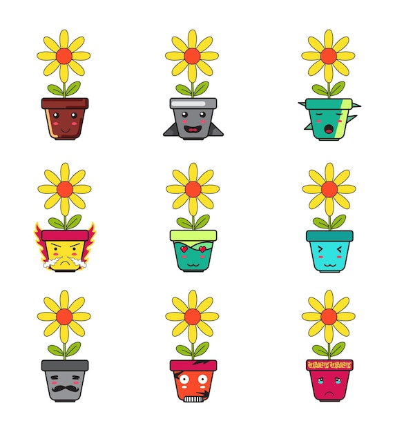 Caricatura de flor de olla y margarita con un emoticon lindo establecido para elemento de diseño o pegatina
