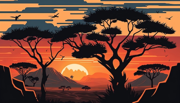 Caricatura de África de un paisaje con árboles y una puesta de sol.