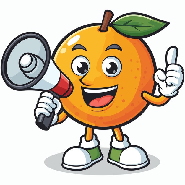 Vector caricatura de fruta naranja con una ilustración de megáfono en un fondo blanco