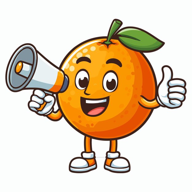 Vector caricatura de fruta naranja con una ilustración de megáfono en un fondo blanco