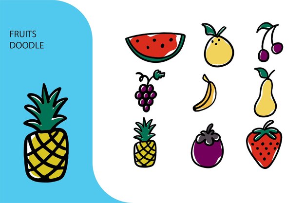Una caricatura de frutas y verduras, incluida una fruta y un plátano.
