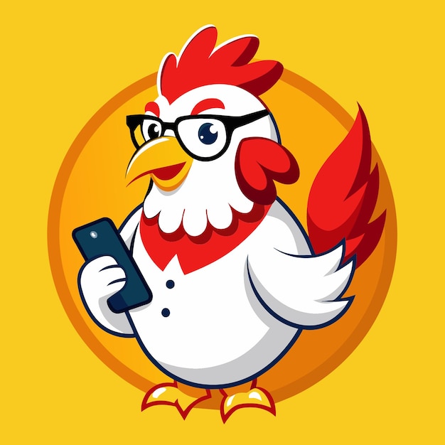una caricatura de un gallo con gafas en él y un teléfono en su mano