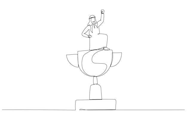 Caricatura del ganador del empresario árabe levantando la bandera en el trofeo ganador obtener la victoria Arte de línea continua