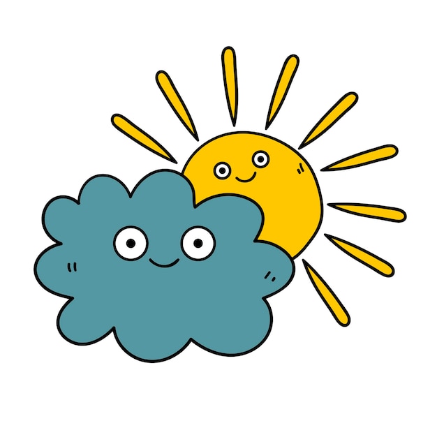 caricatura, garabato, feliz, nube, y, sun. Amistad. logotipo del tiempo.