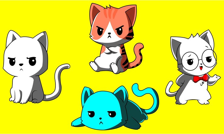 Una caricatura de un gato con diferentes colores y las palabras "gato" en la parte inferior.