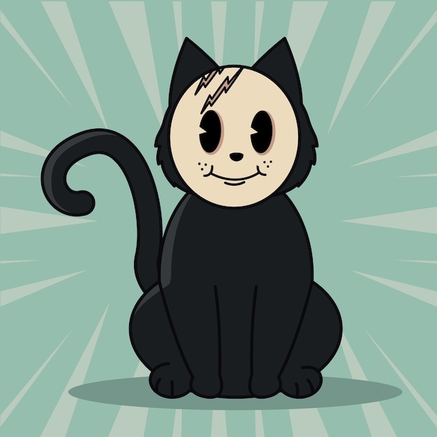 Caricatura de gato negro con cara de máscara cicatrizada y vector de postura sentado