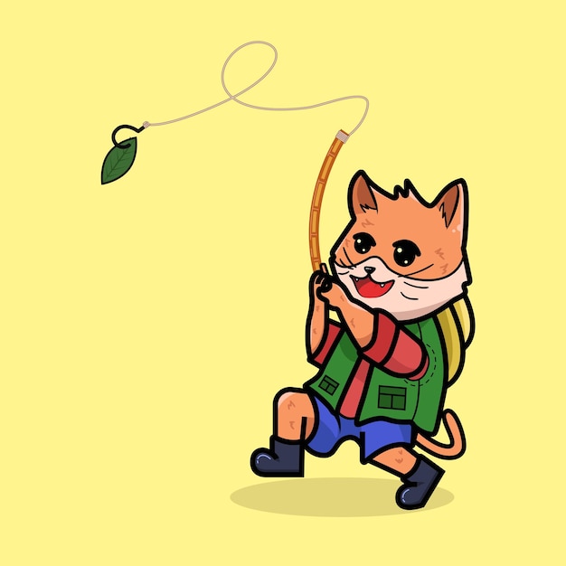 una caricatura de un gato pescando con un pez en la boca