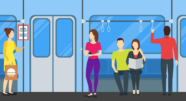 Vector caricatura, gente, en, metro, tren, tarjeta, cartel, vector